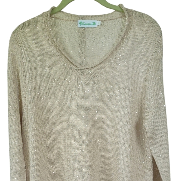 Lulu-B Sz L Asymmetrical Hem Knit Sparkly Summer Sweater Top 3/4 Sleeves Beige - Picture 2 of 12